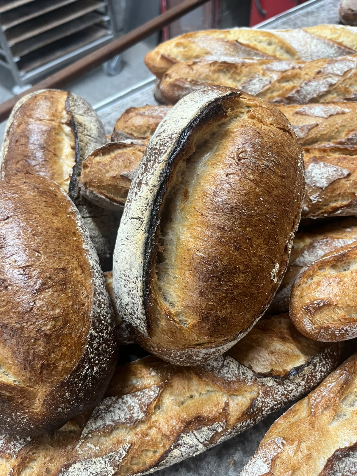 Pains farinés aux entailles sombres, empilés au fournil
