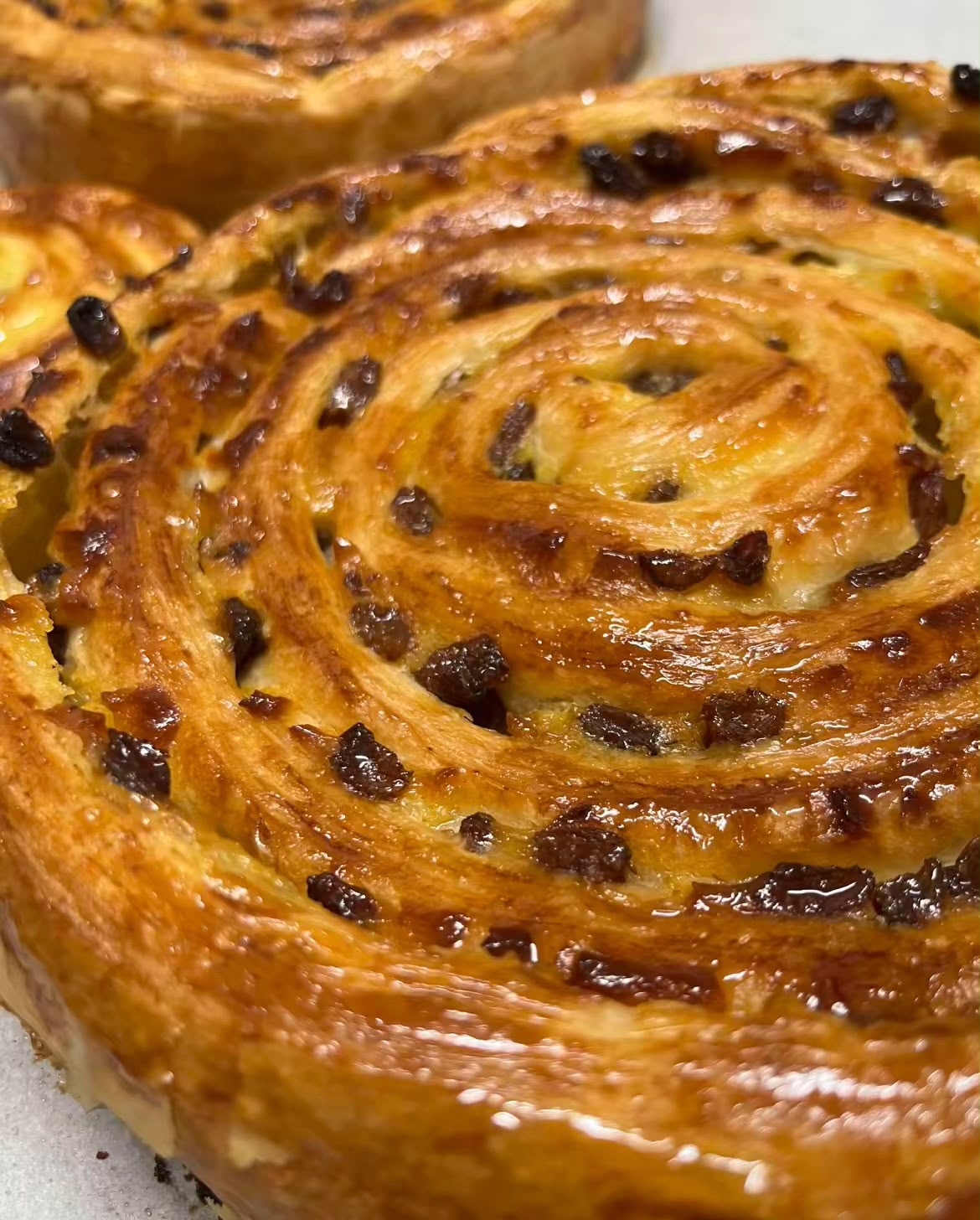 Pains aux raisins feuilletés au glaçage brillant, en gros plan